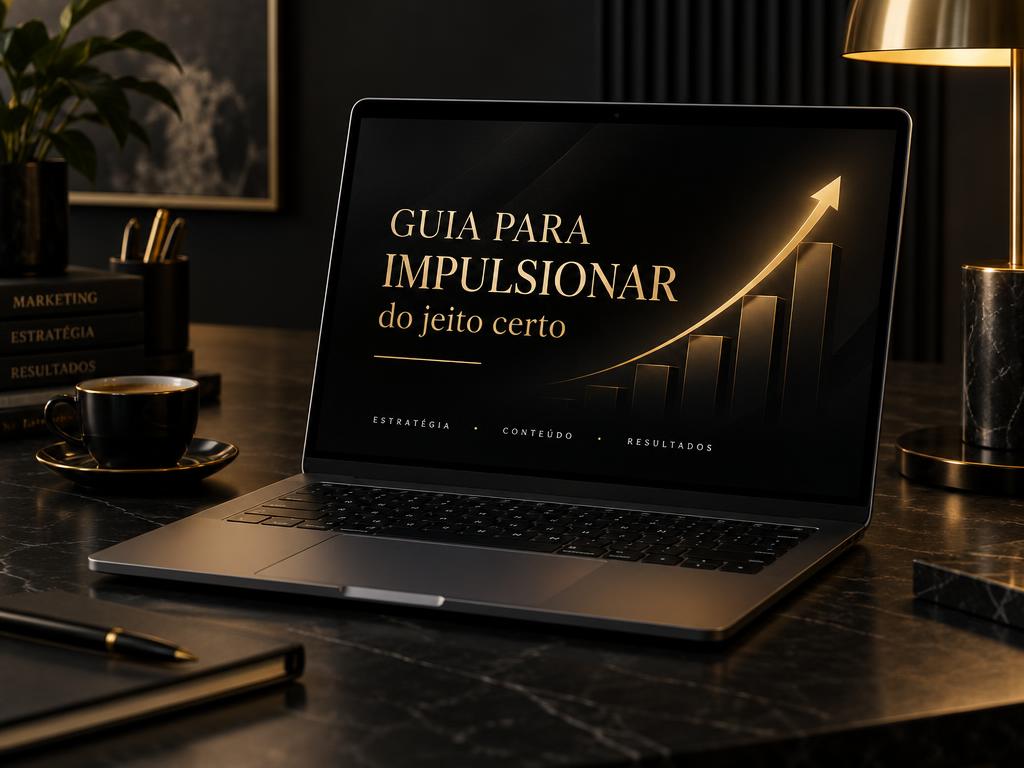 Laptop exibindo o Guia para Impulsionar do Jeito Certo