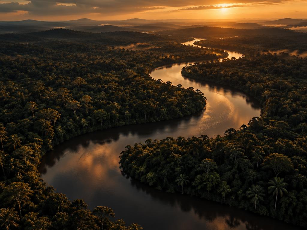 Rio sinuoso atravessando uma floresta ao entardecer